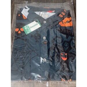 Simmashah Halloween Short Sleeve Green Button Down Shirt Small Ghosts Spiders